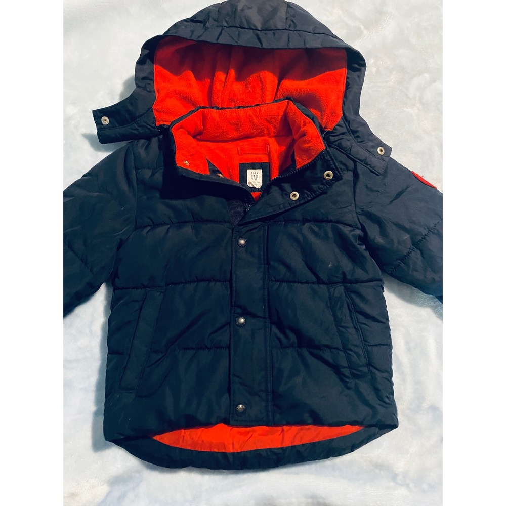 Baby Gap Toddler Boys Navy Blue Orange Fleece Lined Puffer Jacket Hooded 2T Coat